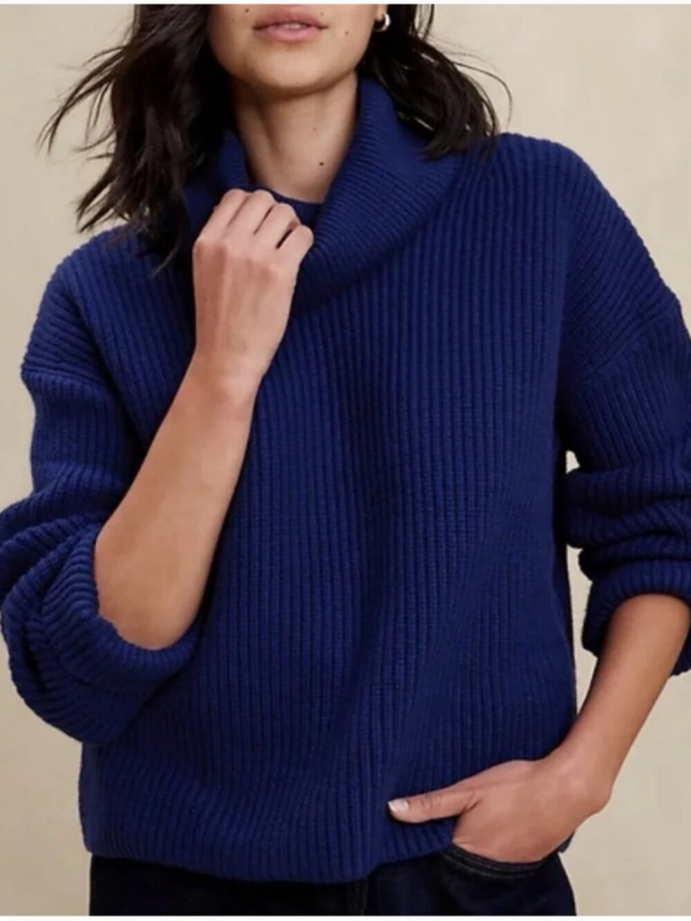 FREE PEOPLE Swim Too Deep Turtleneck Sweater Womens Small Oversized Blue